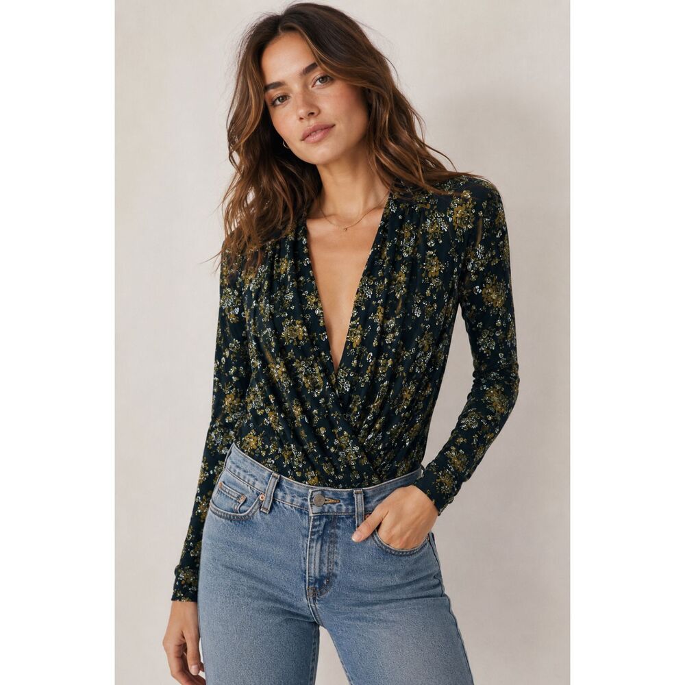 New Free People Intimately Turnt Bodysuit Night Combo L Floral Faux Wrap 1398T3